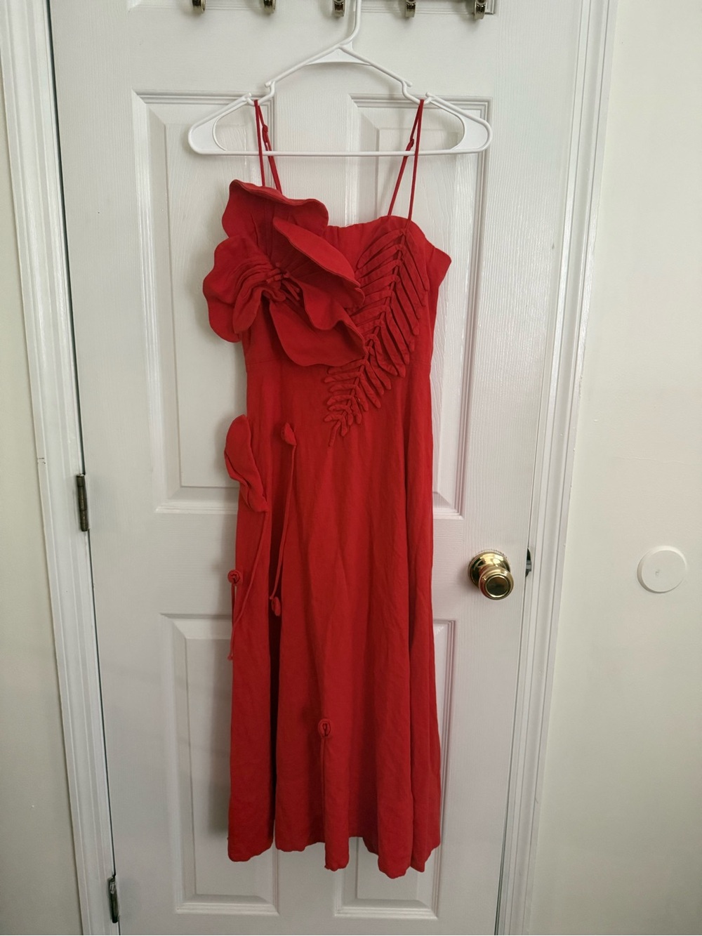 FARM Rio Red Floral Applique Spaghetti-Strap Dress linen